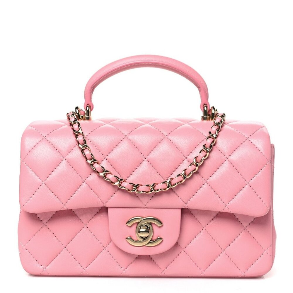 Authentic CHANEL Lambskin Quilted Mini Top Handle Flap Bag Pink Purse